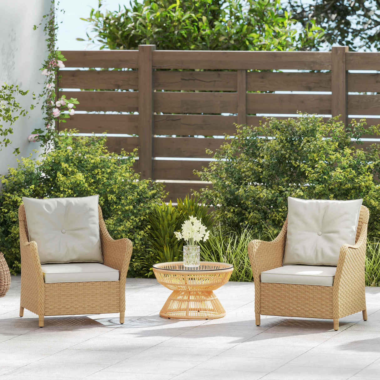 Poly Rattan Wicker Garden Armchairs in Set of 2 With Cushions - Velmora