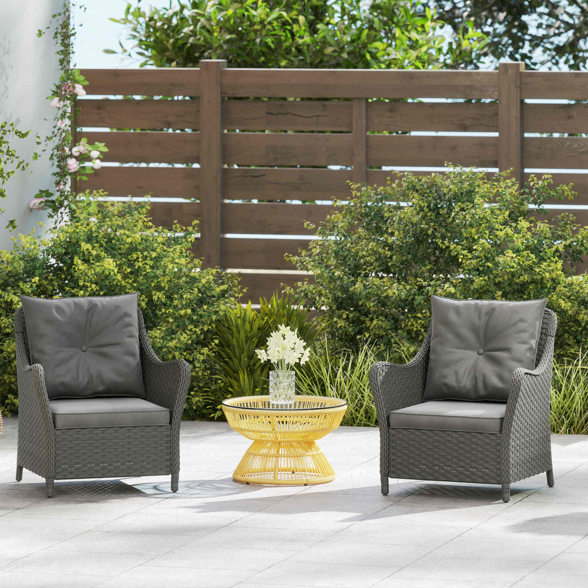 Poly Rattan Wicker Garden Armchairs in Set of 2 With Cushions - Velmora