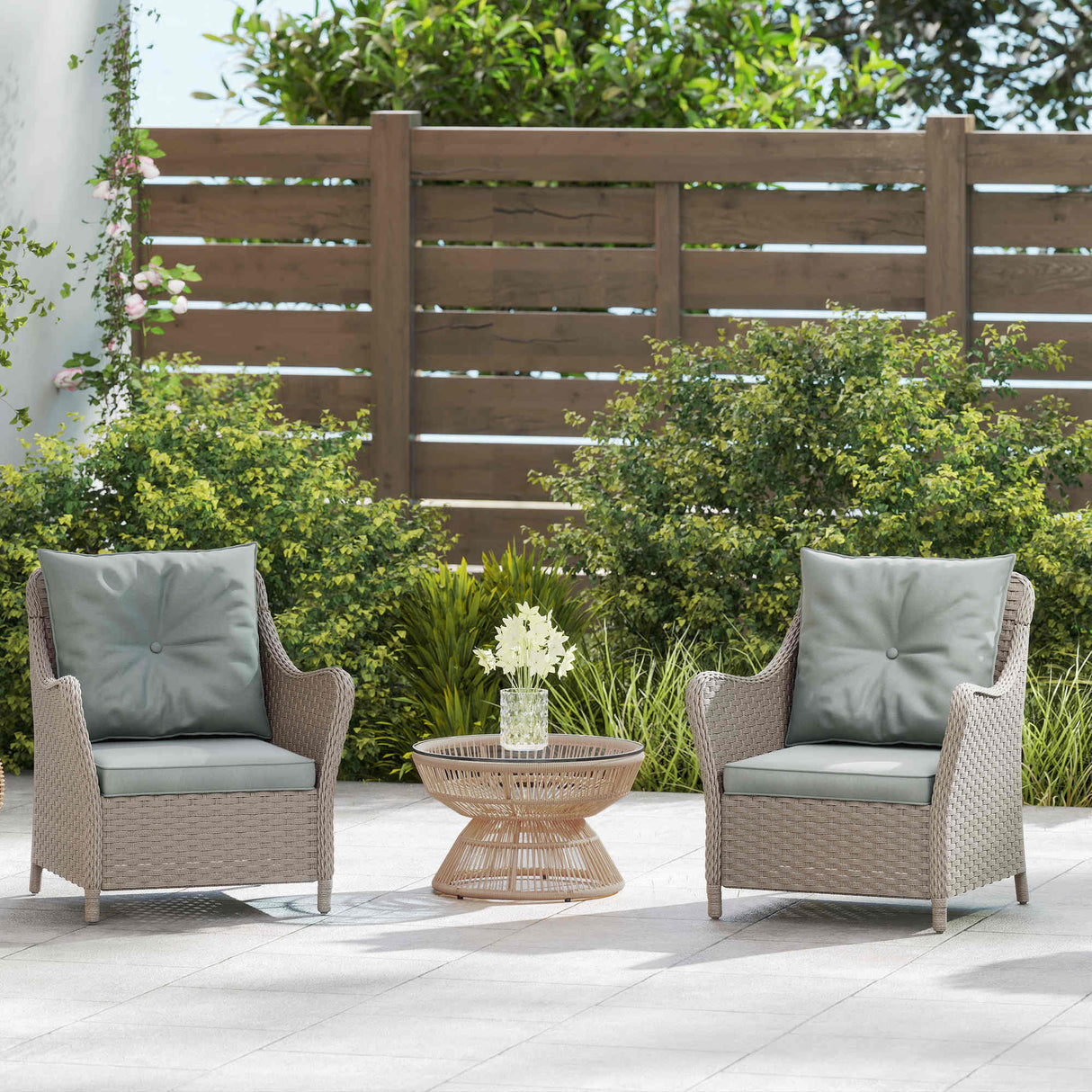 Poly Rattan Wicker Garden Armchairs in Set of 2 With Cushions - Velmora