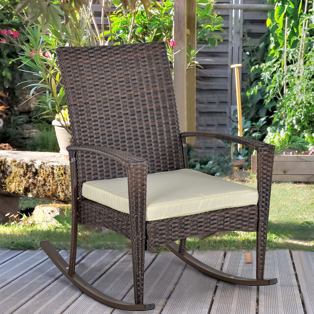Poly Rattan Wicker Garden Rocking Armchair With Cushion - Velmora