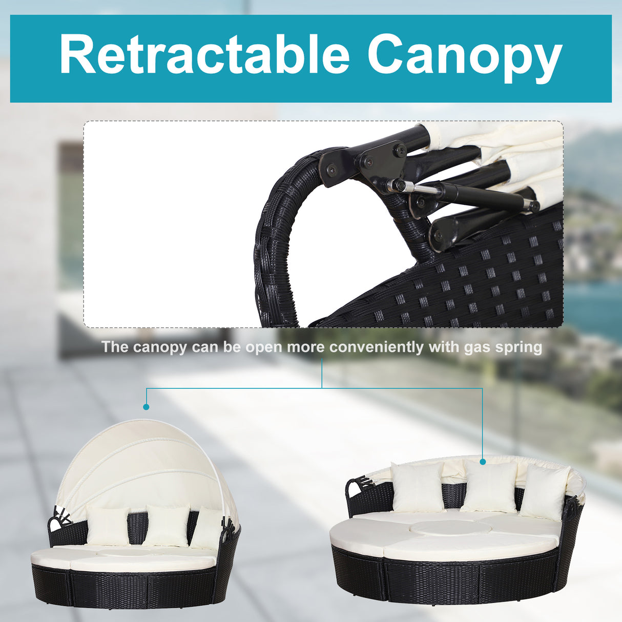 Poly Rattan Wicker Garden Sofa Set Round Daybed With Retractable Canopy - Velmora
