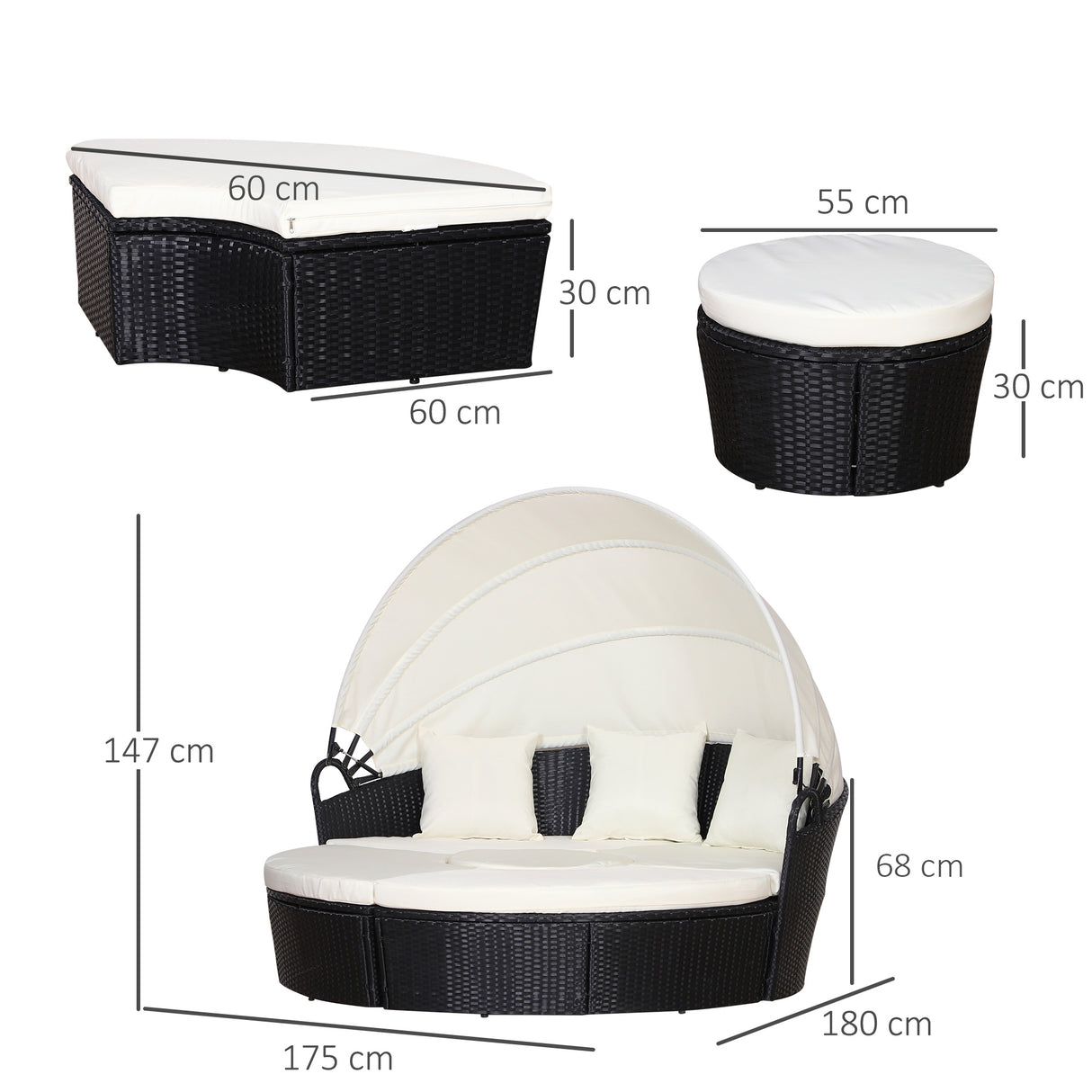 Poly Rattan Wicker Garden Sofa Set Round Daybed With Retractable Canopy - Velmora