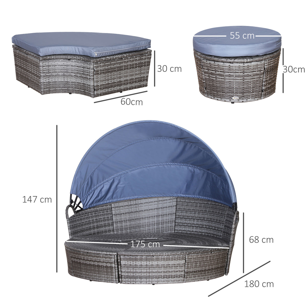 Poly Rattan Wicker Garden Sofa Set Round Daybed With Retractable Canopy - Velmora