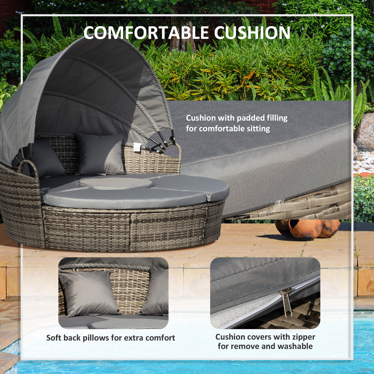 Poly Rattan Wicker Garden Sofa Set Round Daybed With Retractable Canopy - Velmora