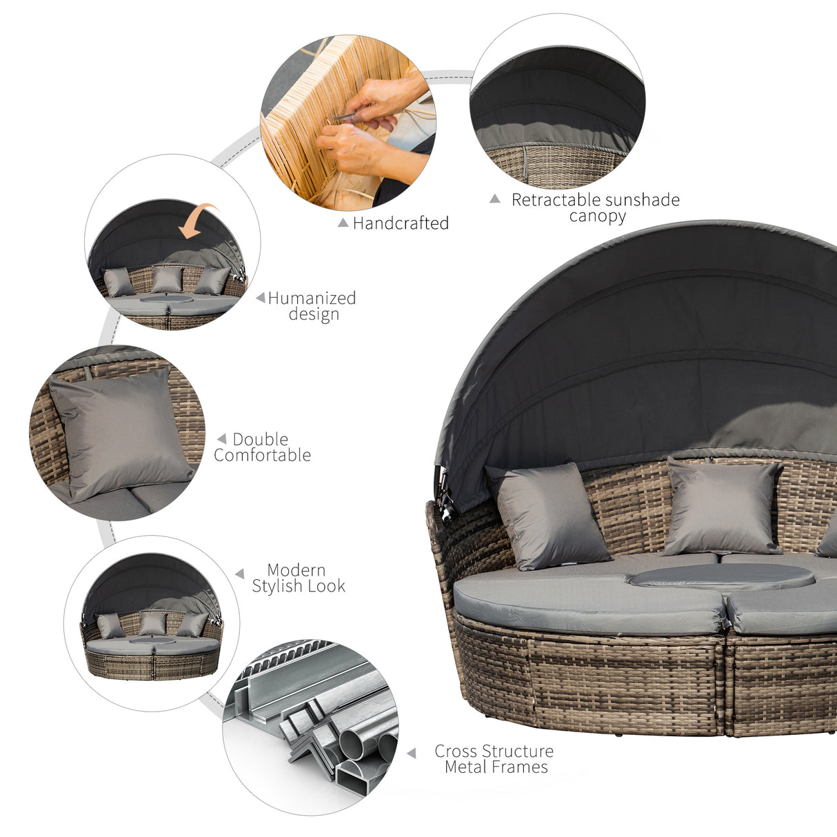 Poly Rattan Wicker Garden Sofa Set Round Daybed With Retractable Canopy - Velmora