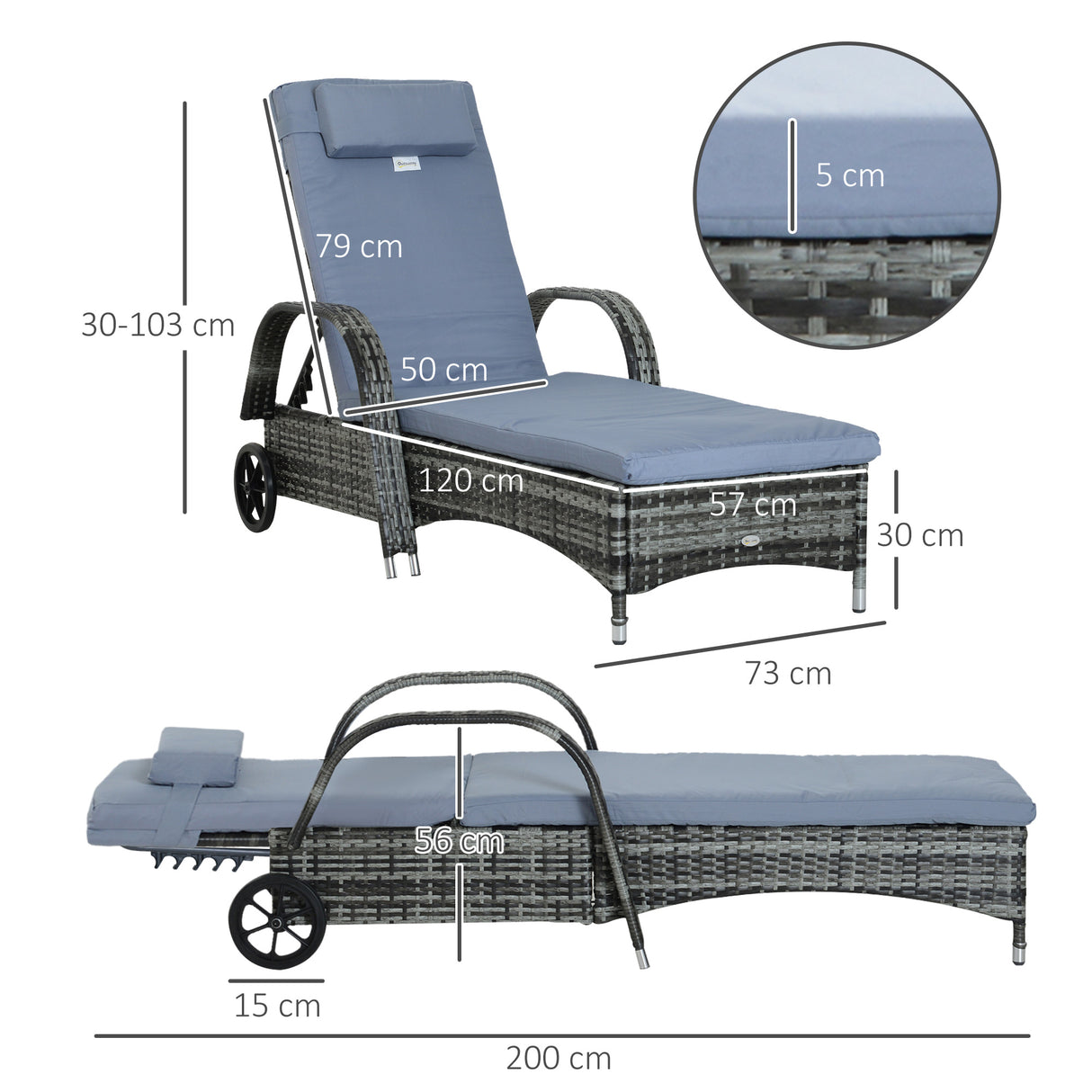 Poly Rattan Wicker Recliner Garden Sun Lounger With Adjustable Headrest - Velmora