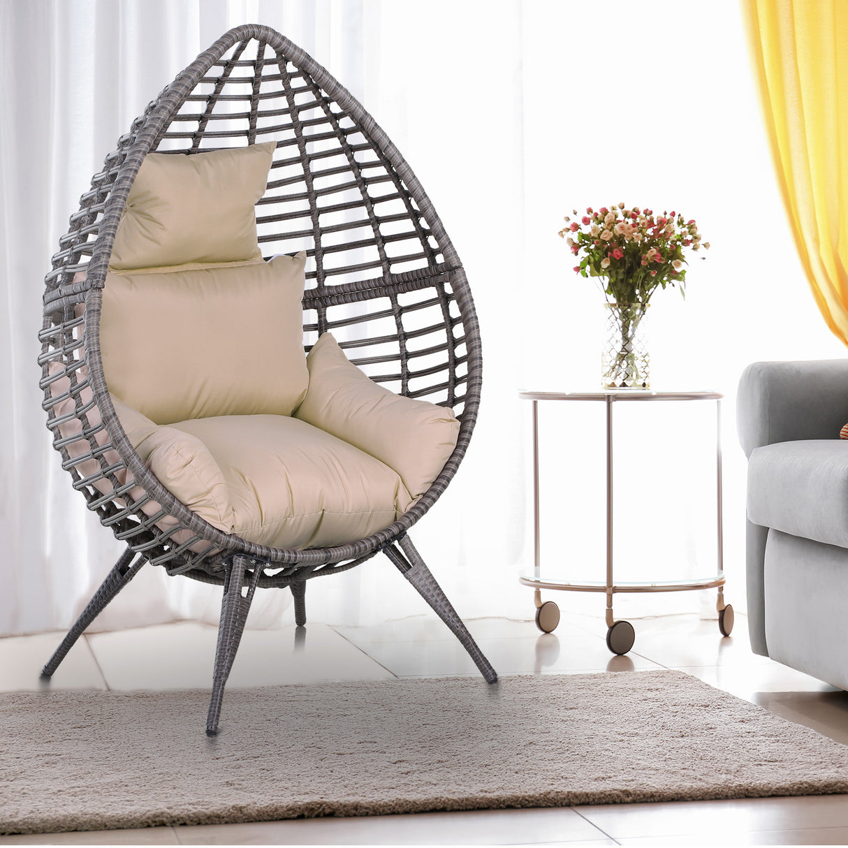 Poly Rattan Wicker Teardop Garden Egg Chair With Thick Cushions And 4 Legs - Velmora