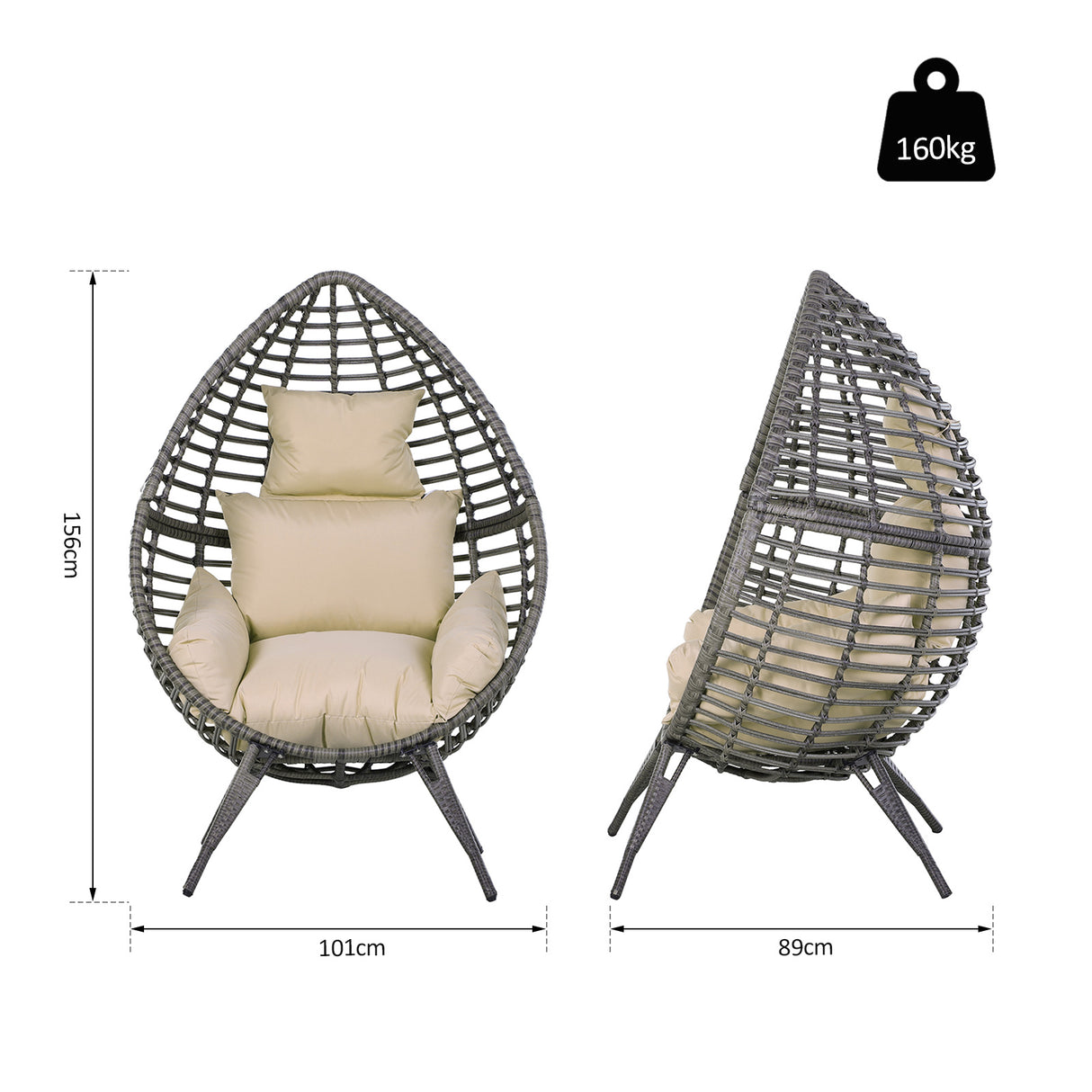 Poly Rattan Wicker Teardop Garden Egg Chair With Thick Cushions And 4 Legs - Velmora