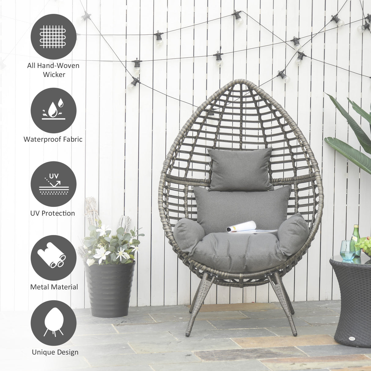 Poly Rattan Wicker Teardop Garden Egg Chair With Thick Cushions And 4 Legs - Velmora