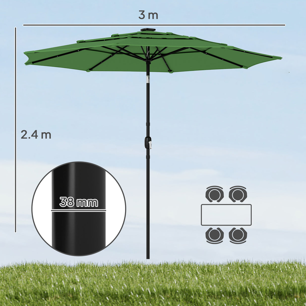 Polyester 3 Tier Tilting Parasol Umbrella 300cm Diameter - Velmora