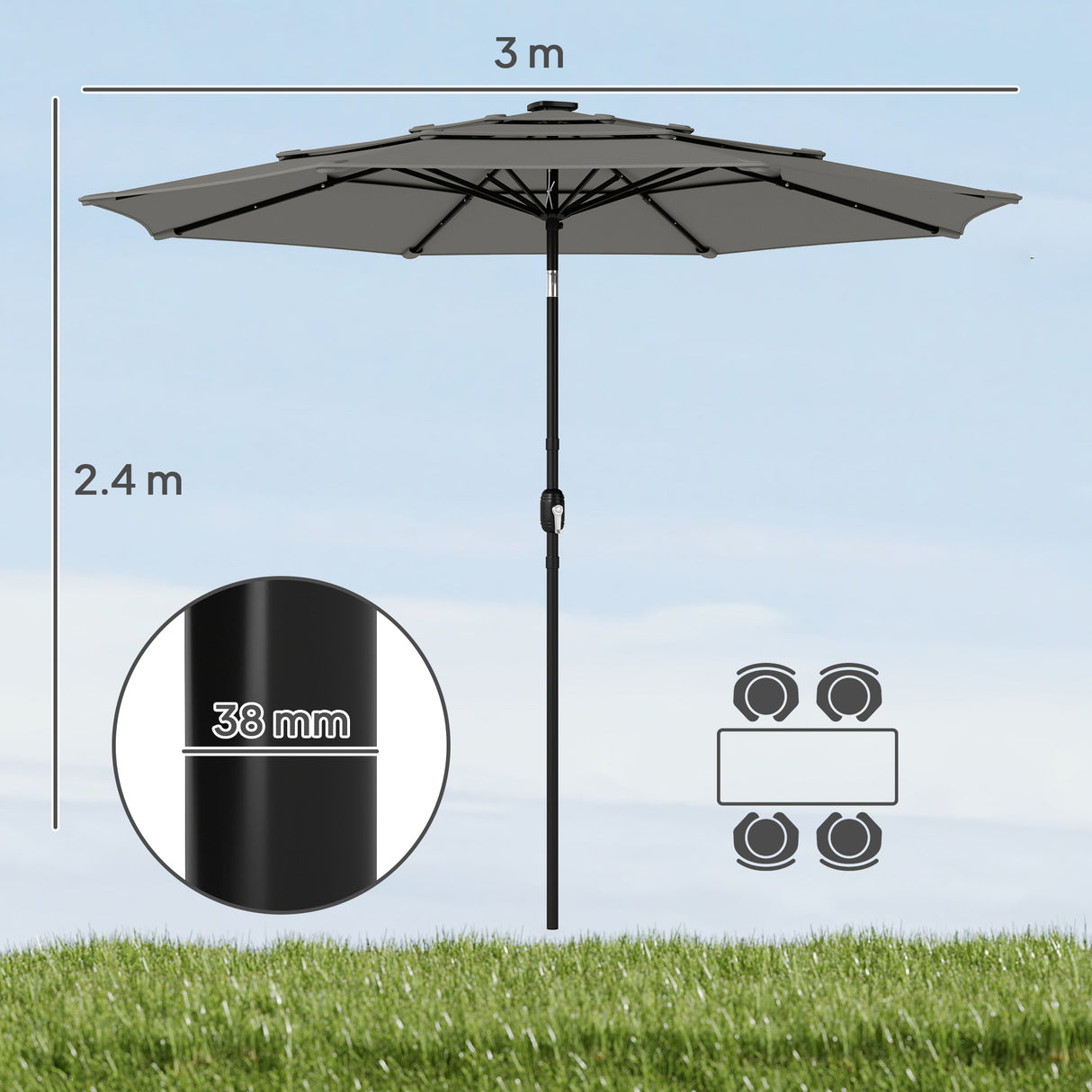 Polyester 3 Tier Tilting Parasol Umbrella 300cm Diameter - Velmora