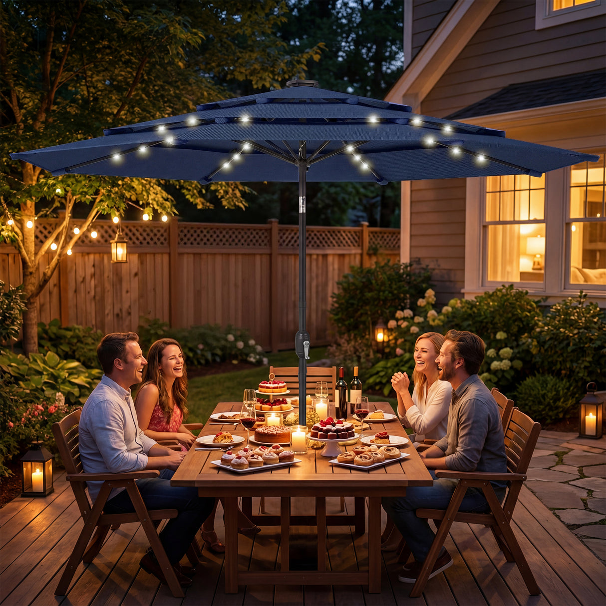 Polyester 3 Tier Tilting Parasol Umbrella With LED Solar Light 282cm Diameter - Velmora