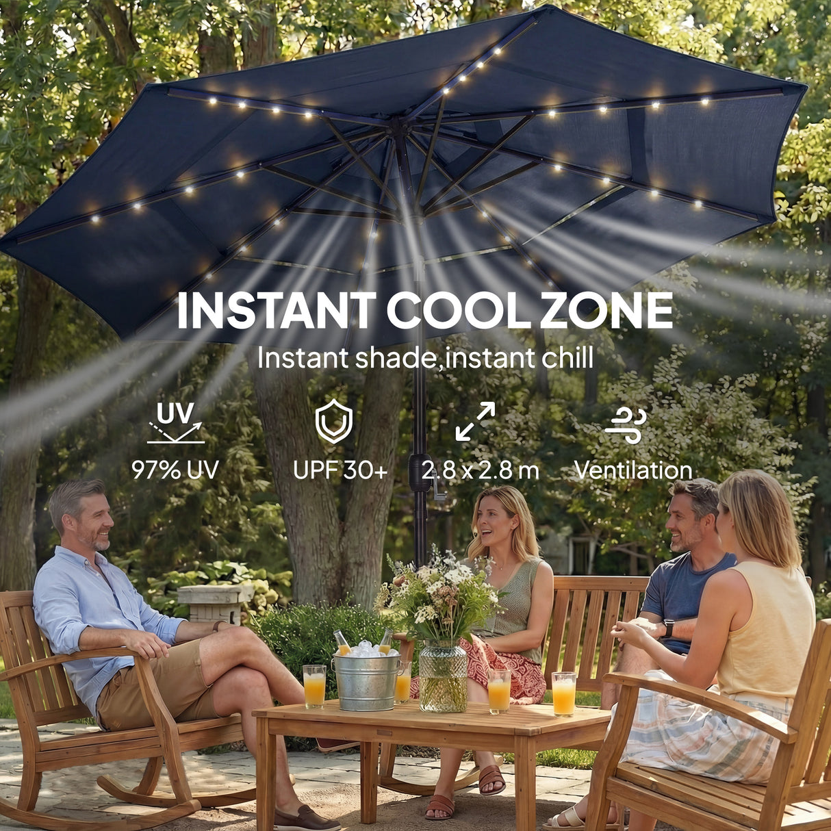 Polyester 3 Tier Tilting Parasol Umbrella With LED Solar Light 282cm Diameter - Velmora