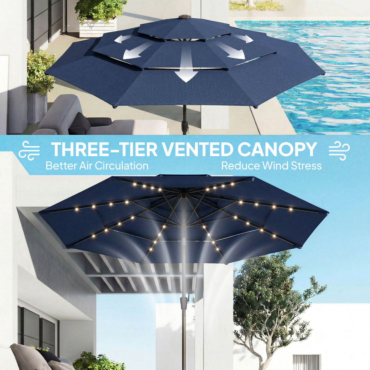 Polyester 3 Tier Tilting Parasol Umbrella With LED Solar Light 282cm Diameter - Velmora