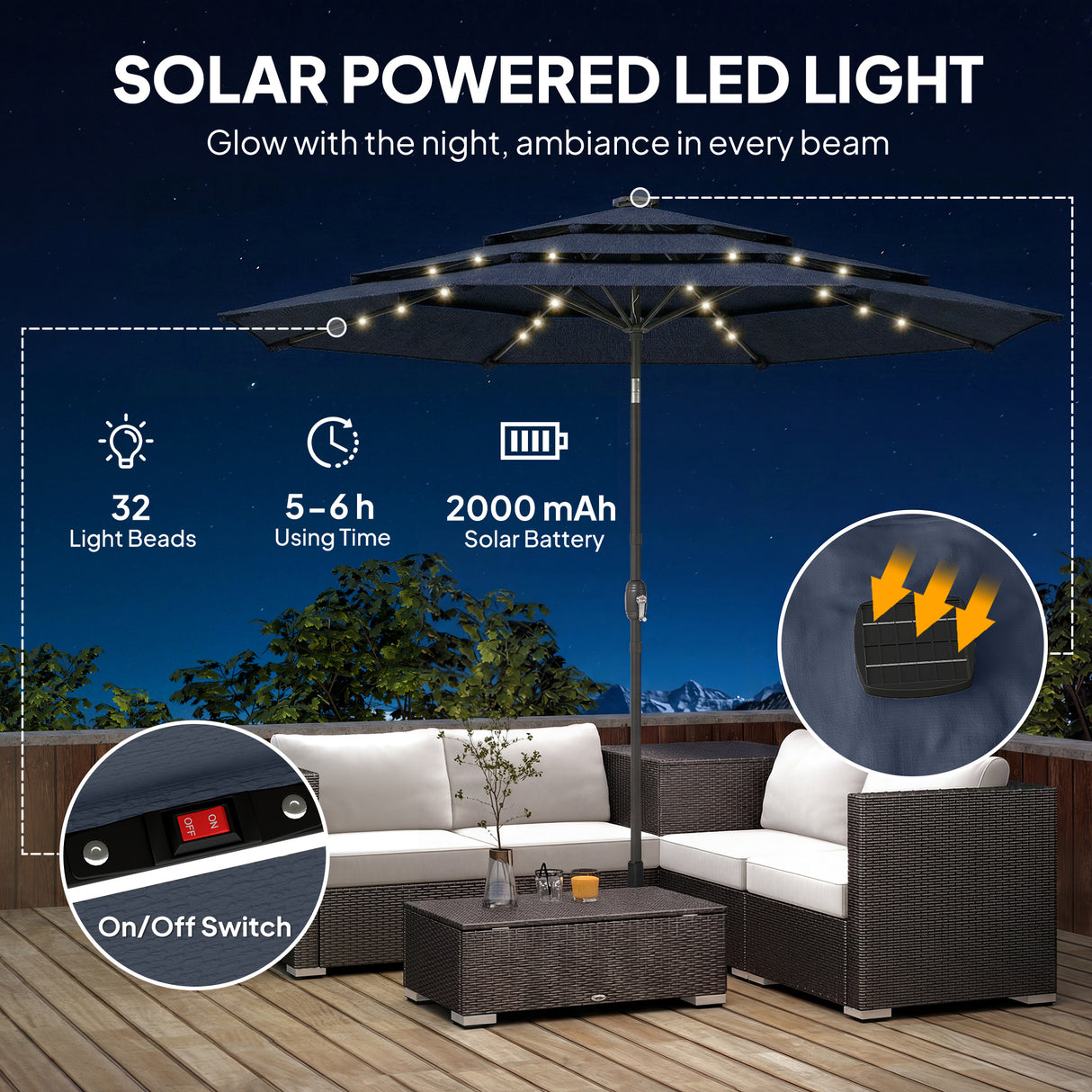Polyester 3 Tier Tilting Parasol Umbrella With LED Solar Light 282cm Diameter - Velmora