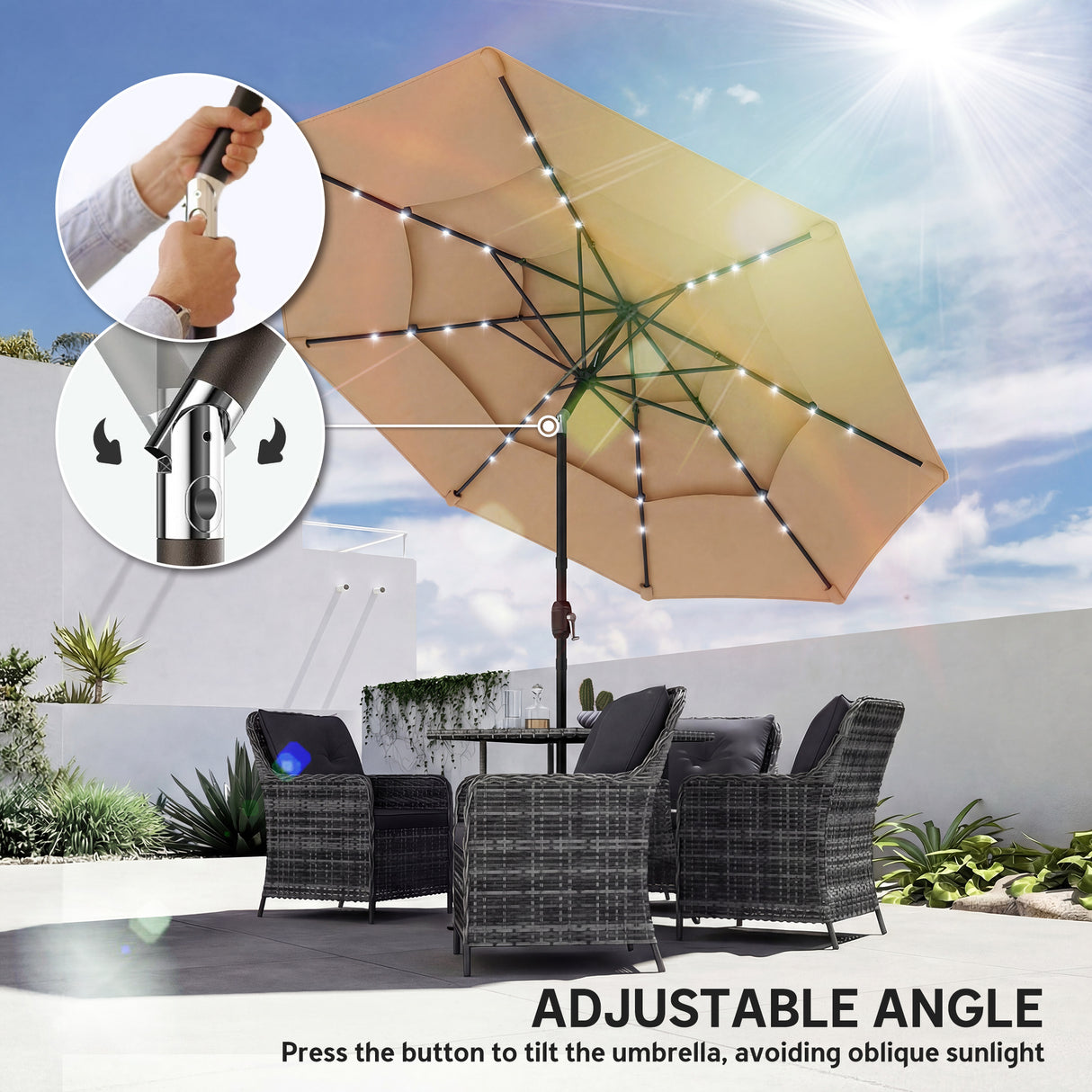 Polyester 3 Tier Tilting Parasol Umbrella With LED Solar Light 282cm Diameter - Velmora