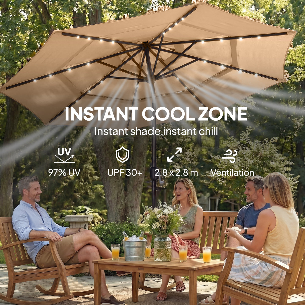 Polyester 3 Tier Tilting Parasol Umbrella With LED Solar Light 282cm Diameter - Velmora