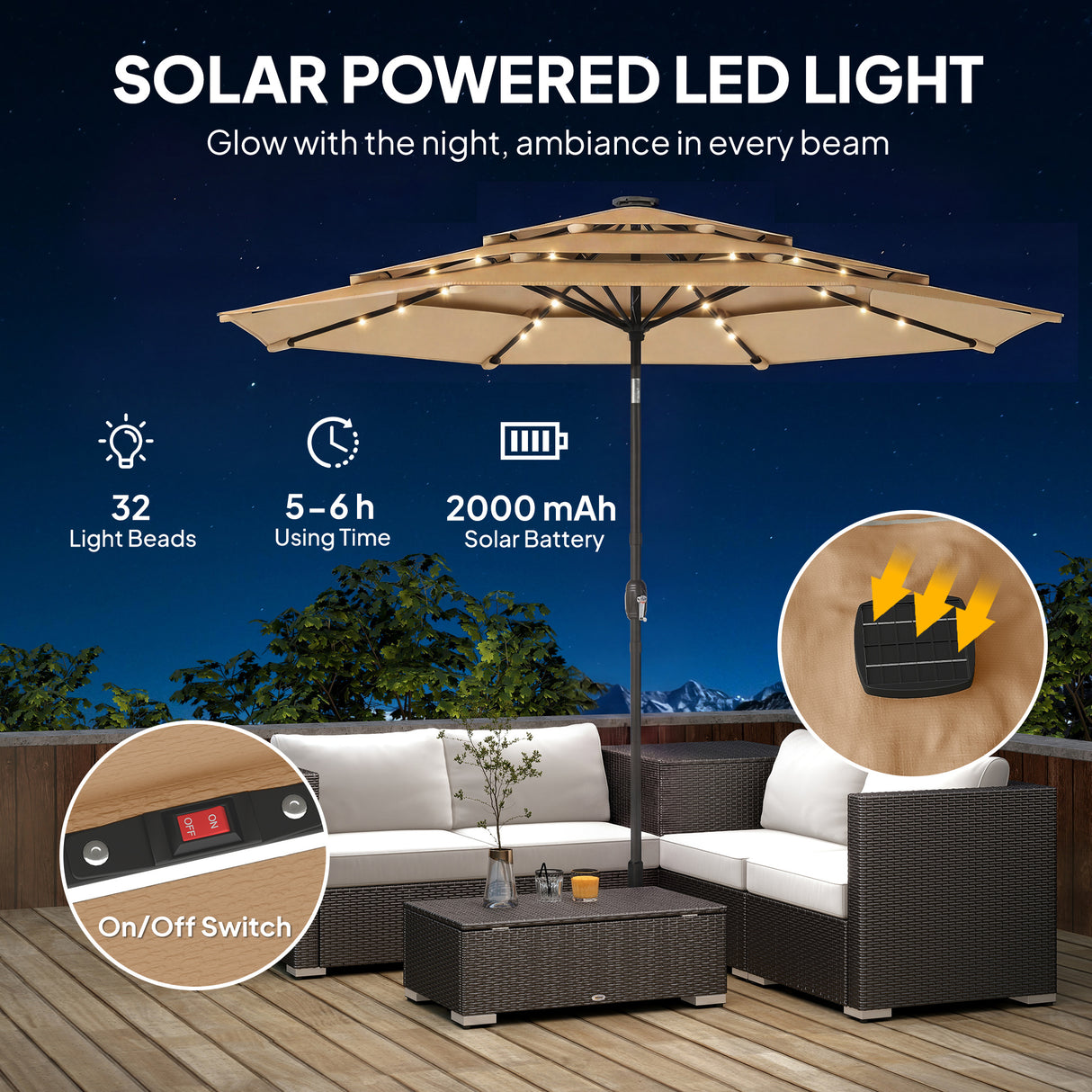 Polyester 3 Tier Tilting Parasol Umbrella With LED Solar Light 282cm Diameter - Velmora