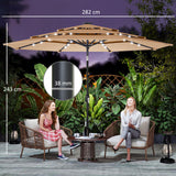 Polyester 3 Tier Tilting Parasol Umbrella With LED Solar Light 282cm Diameter - Velmora