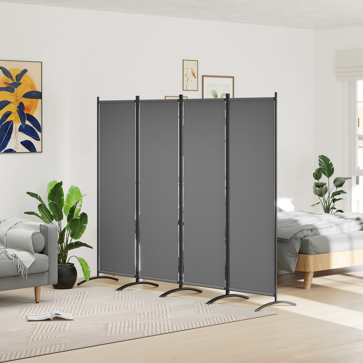 Polyester 4 Panel Folding Room Divider With Metal Frame 221cm Wide - Velmora