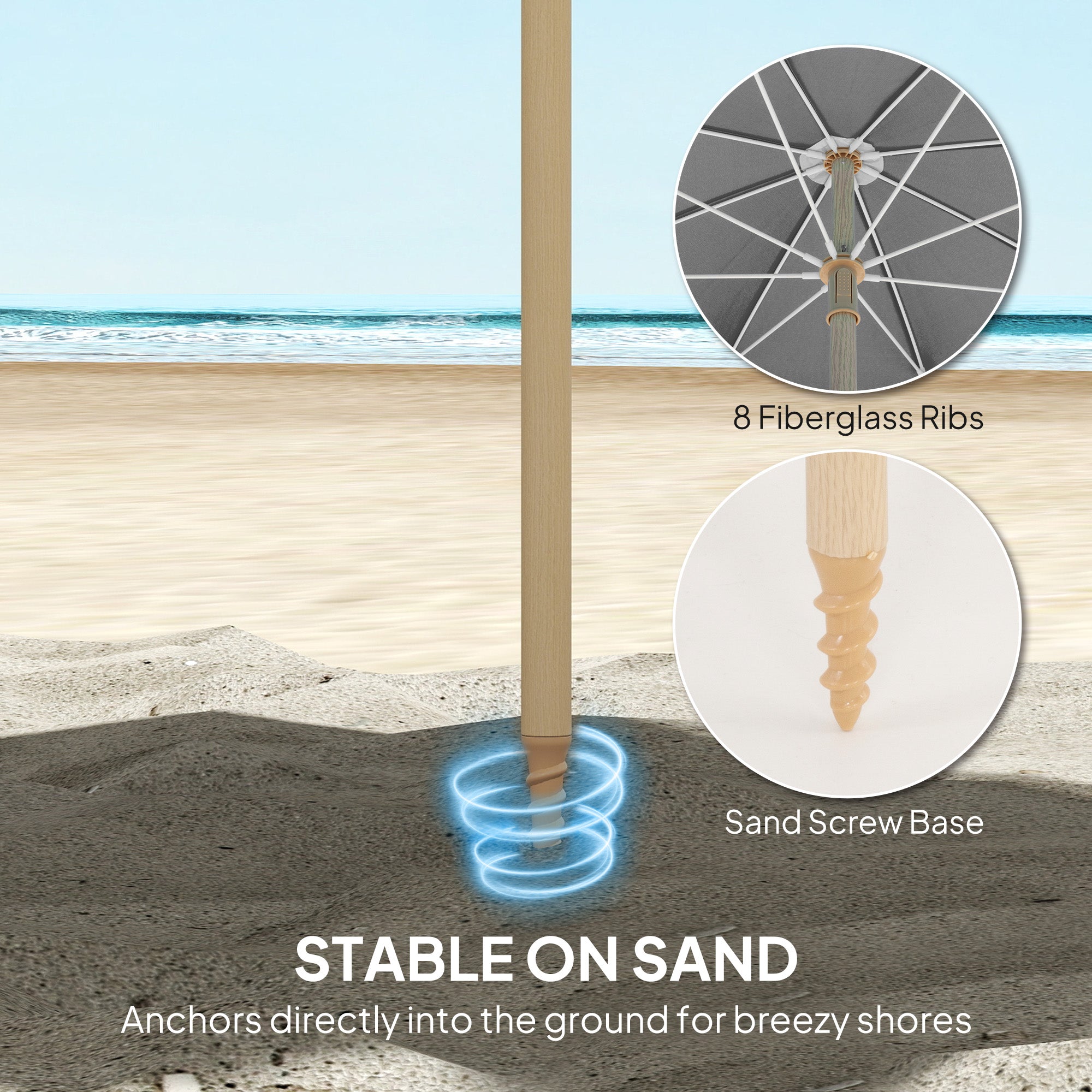 Polyester Beach Parasol Umbrella With Sand Anchor 174cm Diameter - Velmora