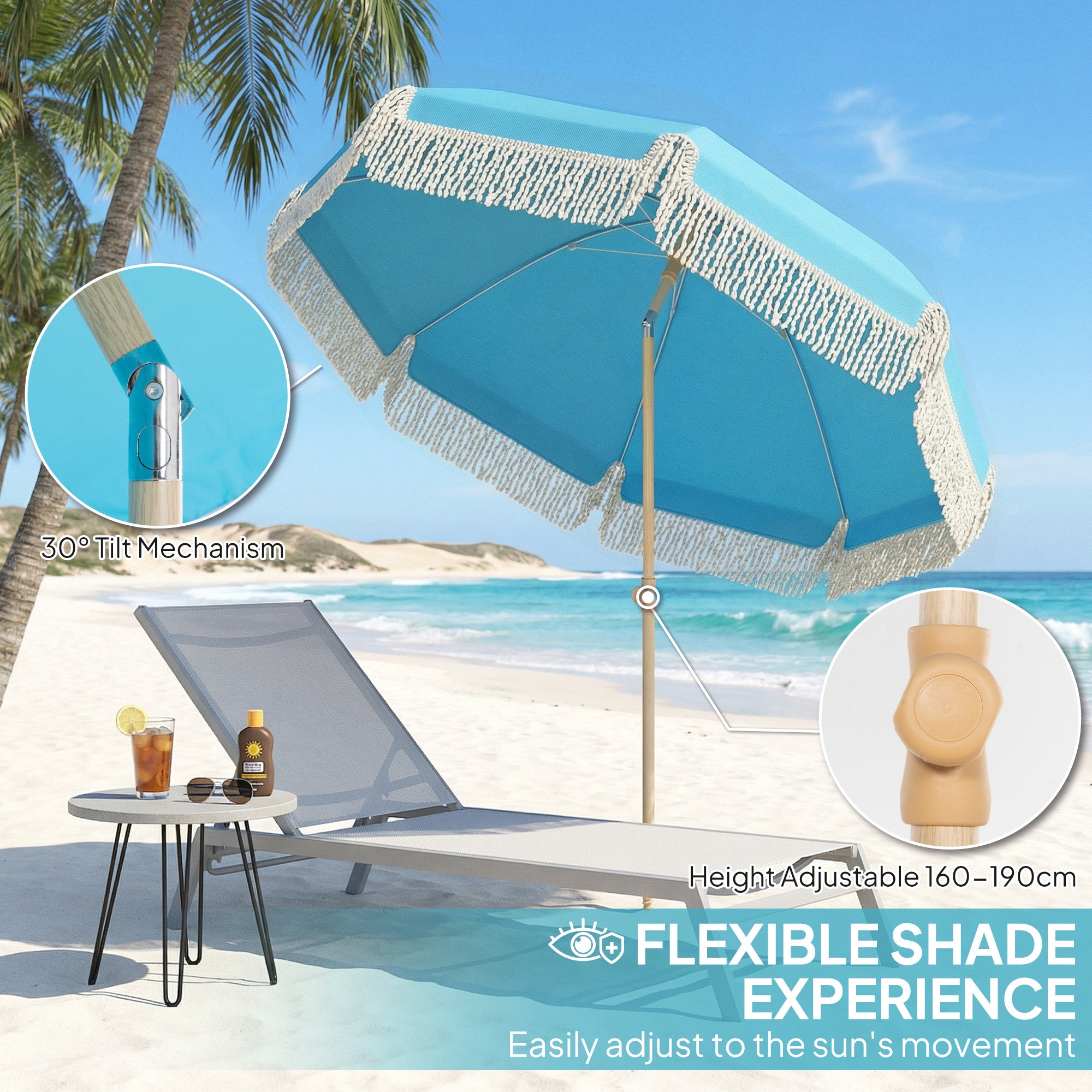 Polyester Beach Parasol Umbrella With Sand Anchor 174cm Diameter - Velmora
