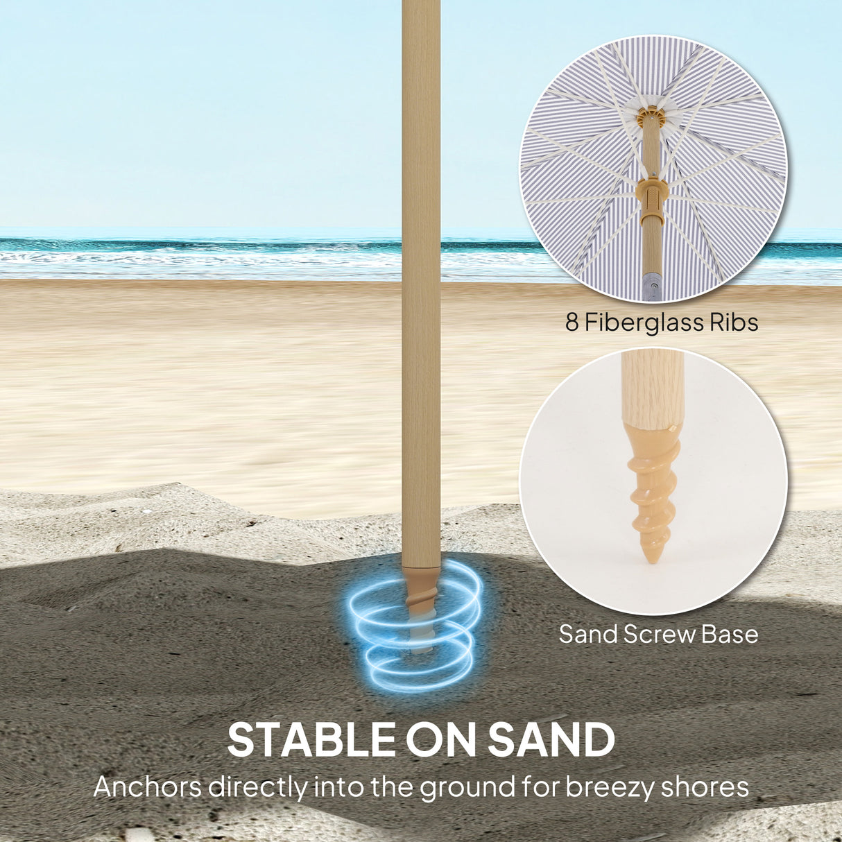 Polyester Beach Parasol Umbrella With Sand Anchor 174cm Diameter - Velmora