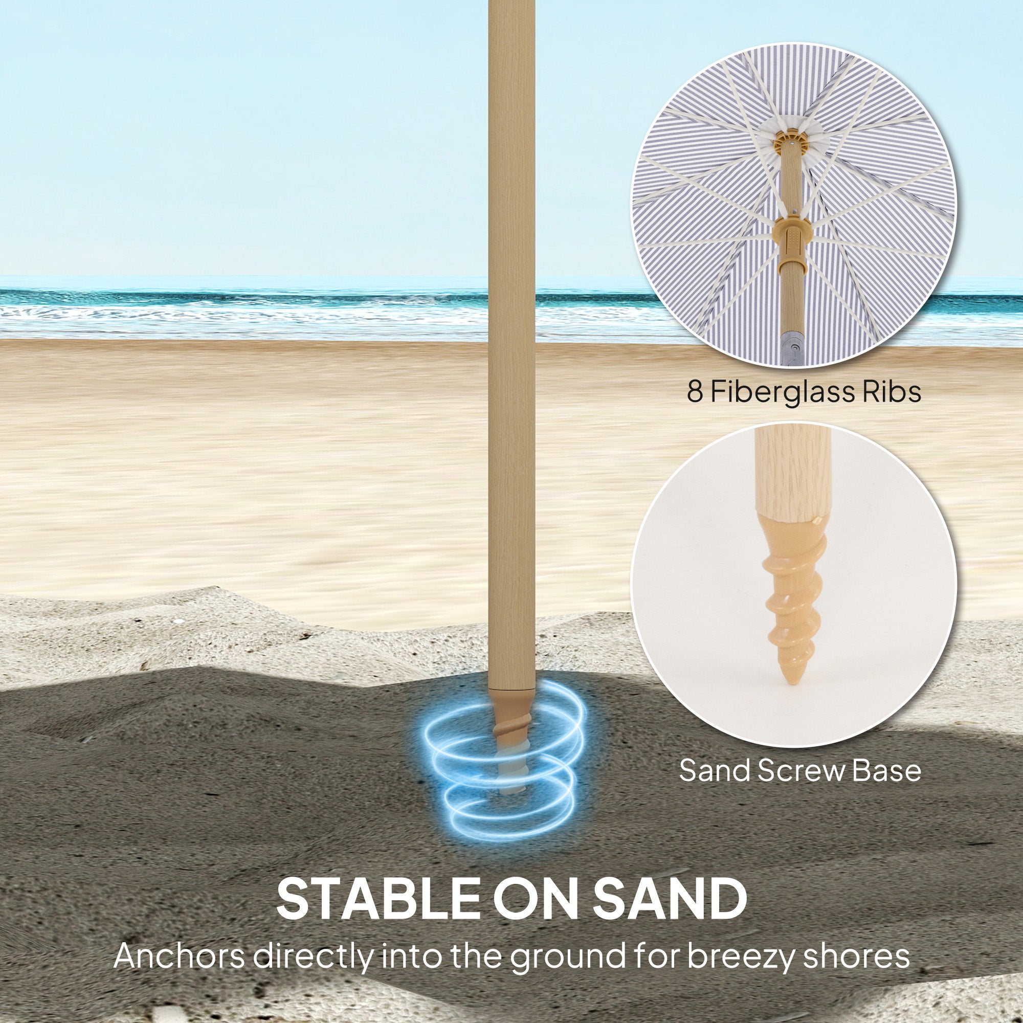 Polyester Beach Parasol Umbrella With Sand Anchor 174cm Diameter - Velmora