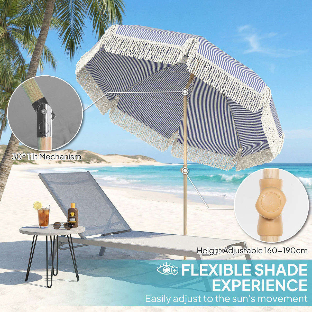 Polyester Beach Parasol Umbrella With Sand Anchor 174cm Diameter - Velmora