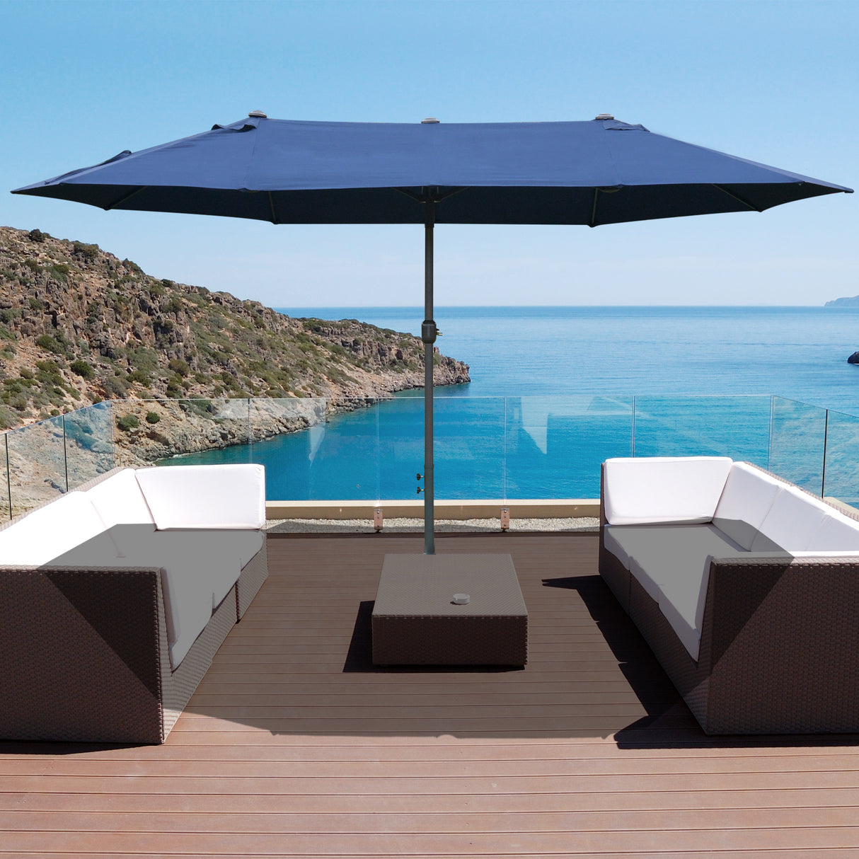 Polyester Double Sided Parasol Umbrella With Cross Base 460cm Width x 270cm Depth - Velmora