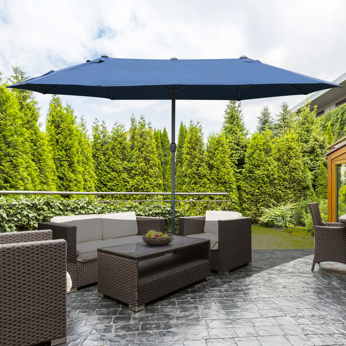Polyester Double Sided Parasol Umbrella With Cross Base 460cm Width x 270cm Depth - Velmora