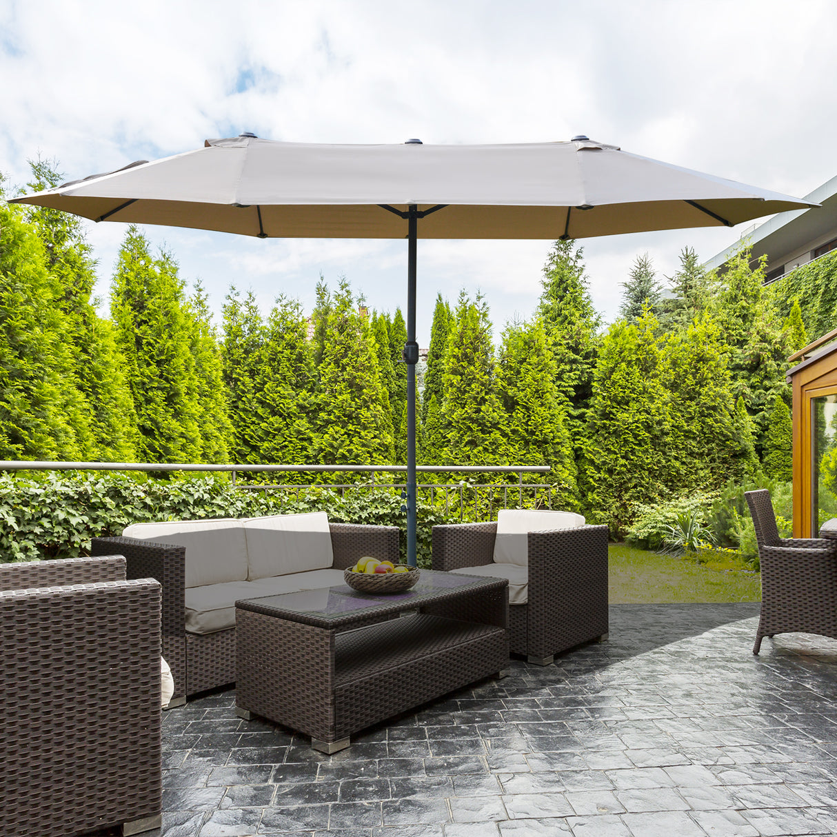 Polyester Double Sided Parasol Umbrella With Cross Base 460cm Width x 270cm Depth - Velmora