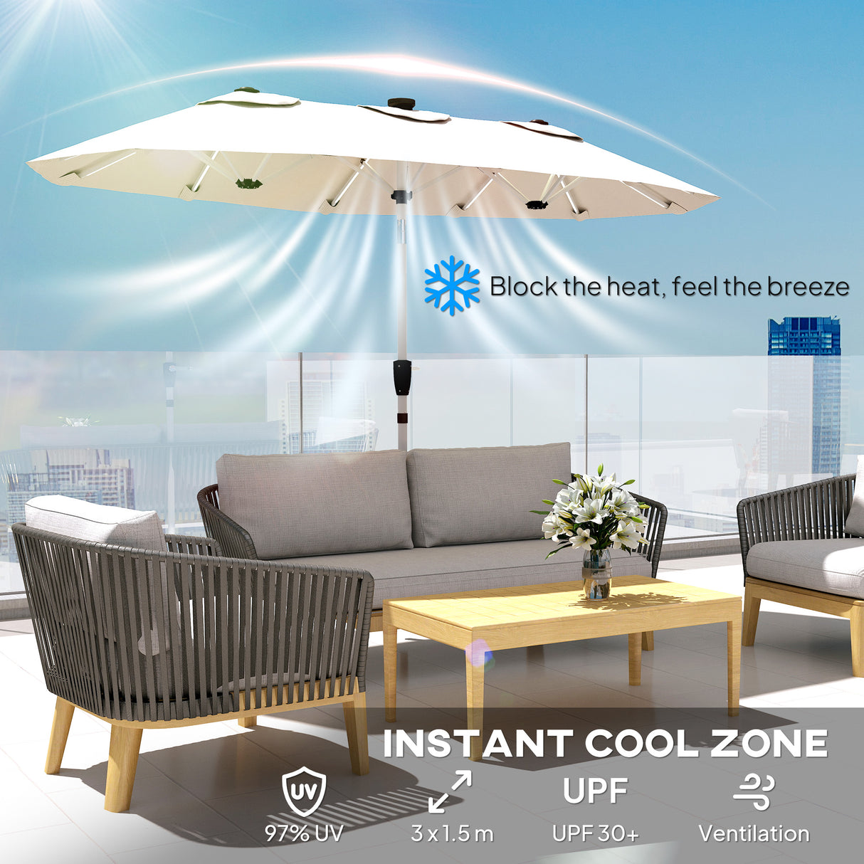 Polyester Double Sided Parasol Umbrella With LED Solar Light 295cm Width x 150cm Depth - Velmora