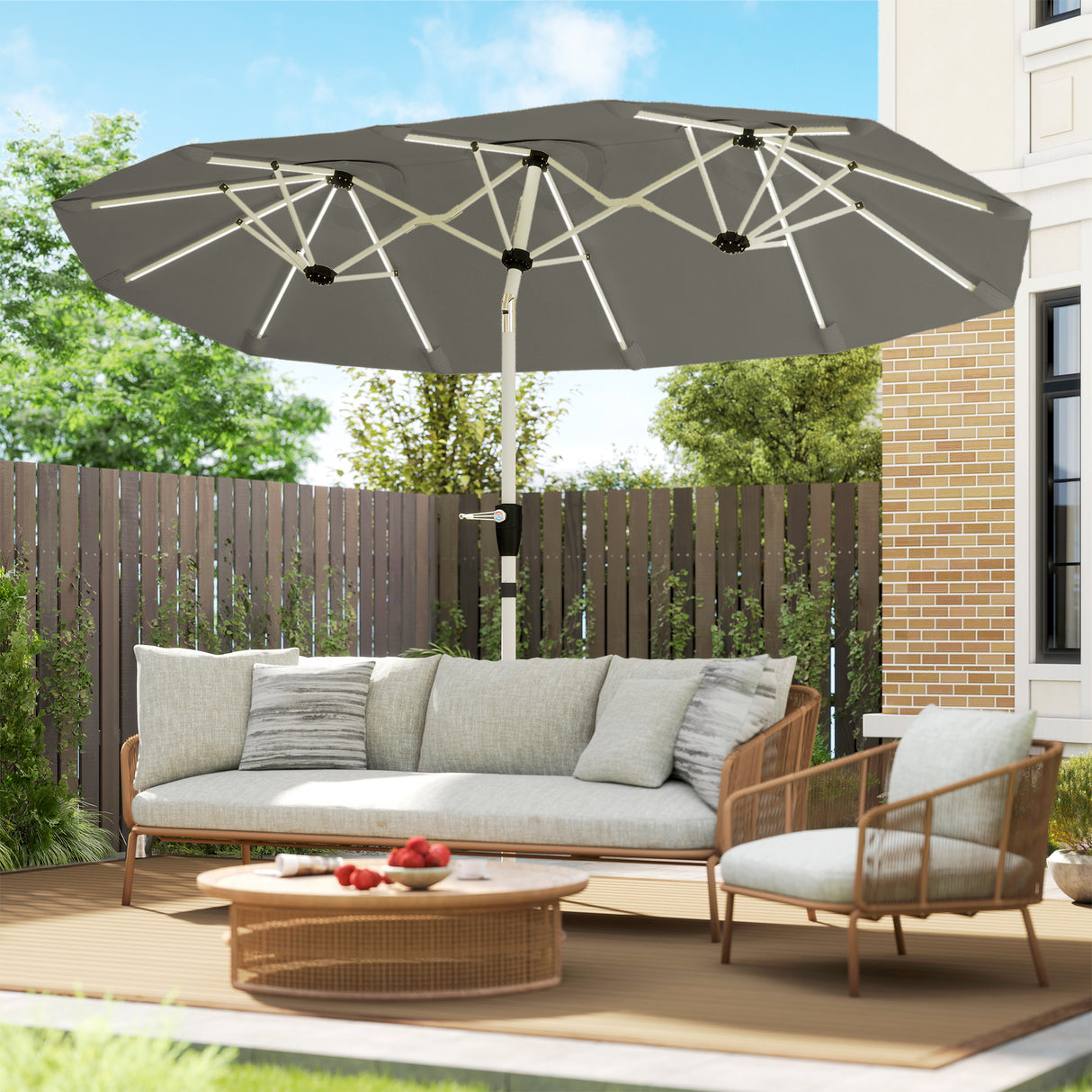 Polyester Double Sided Parasol Umbrella With LED Solar Light 295cm Width x 150cm Depth - Velmora
