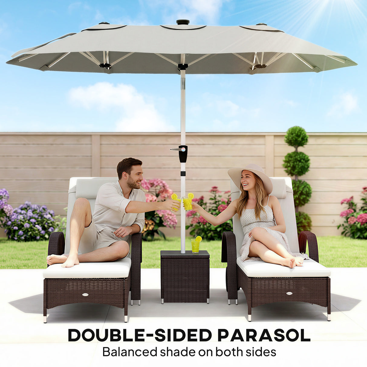 Polyester Double Sided Parasol Umbrella With LED Solar Light 295cm Width x 150cm Depth - Velmora