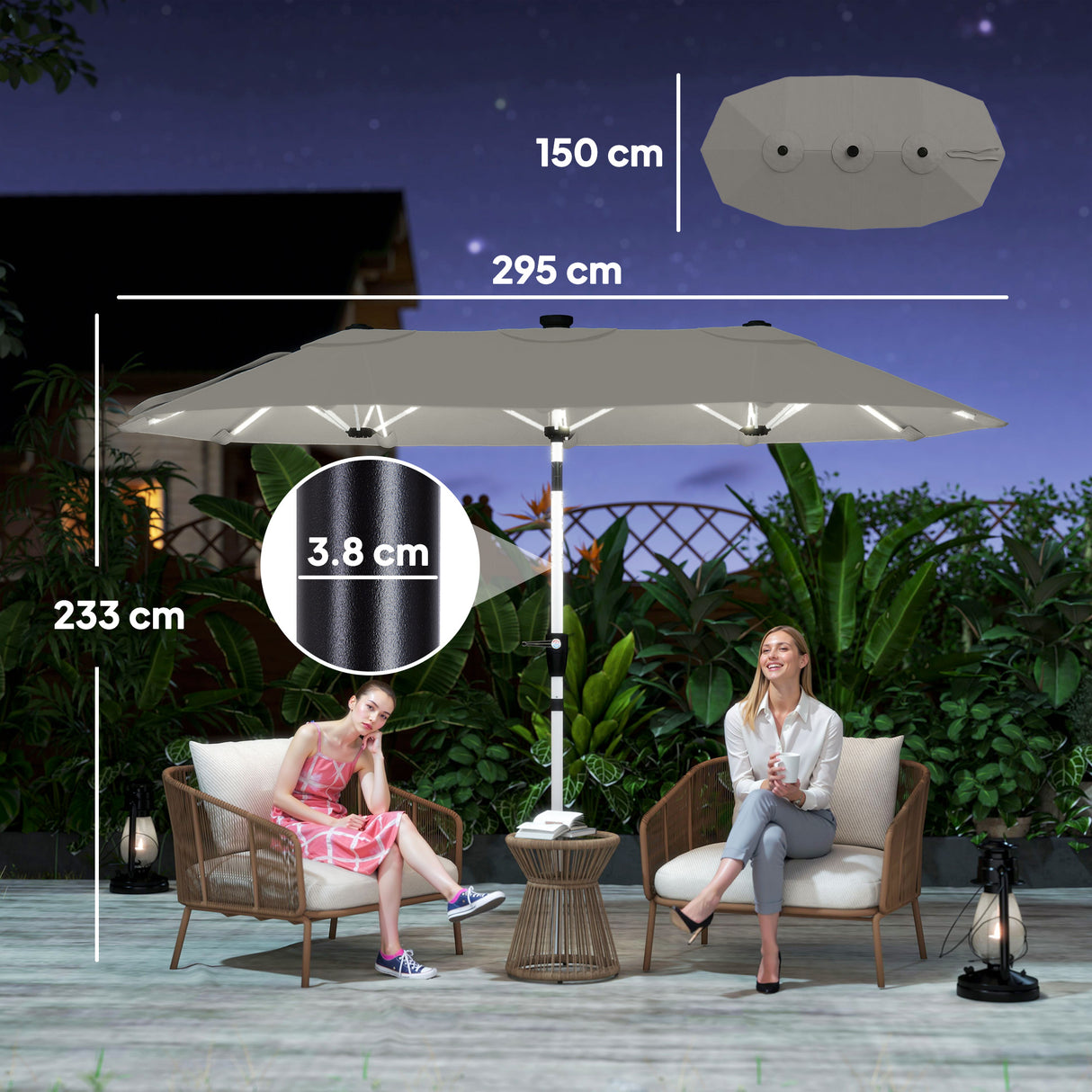 Polyester Double Sided Parasol Umbrella With LED Solar Light 295cm Width x 150cm Depth - Velmora