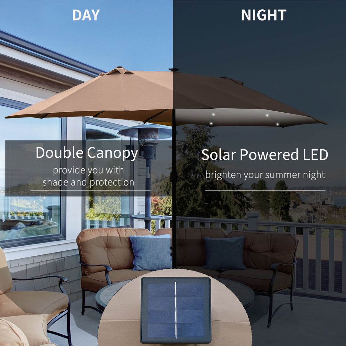 Polyester Double Sided Parasol Umbrella With LED Solar Light 440cm Width x 256cm Depth - Velmora