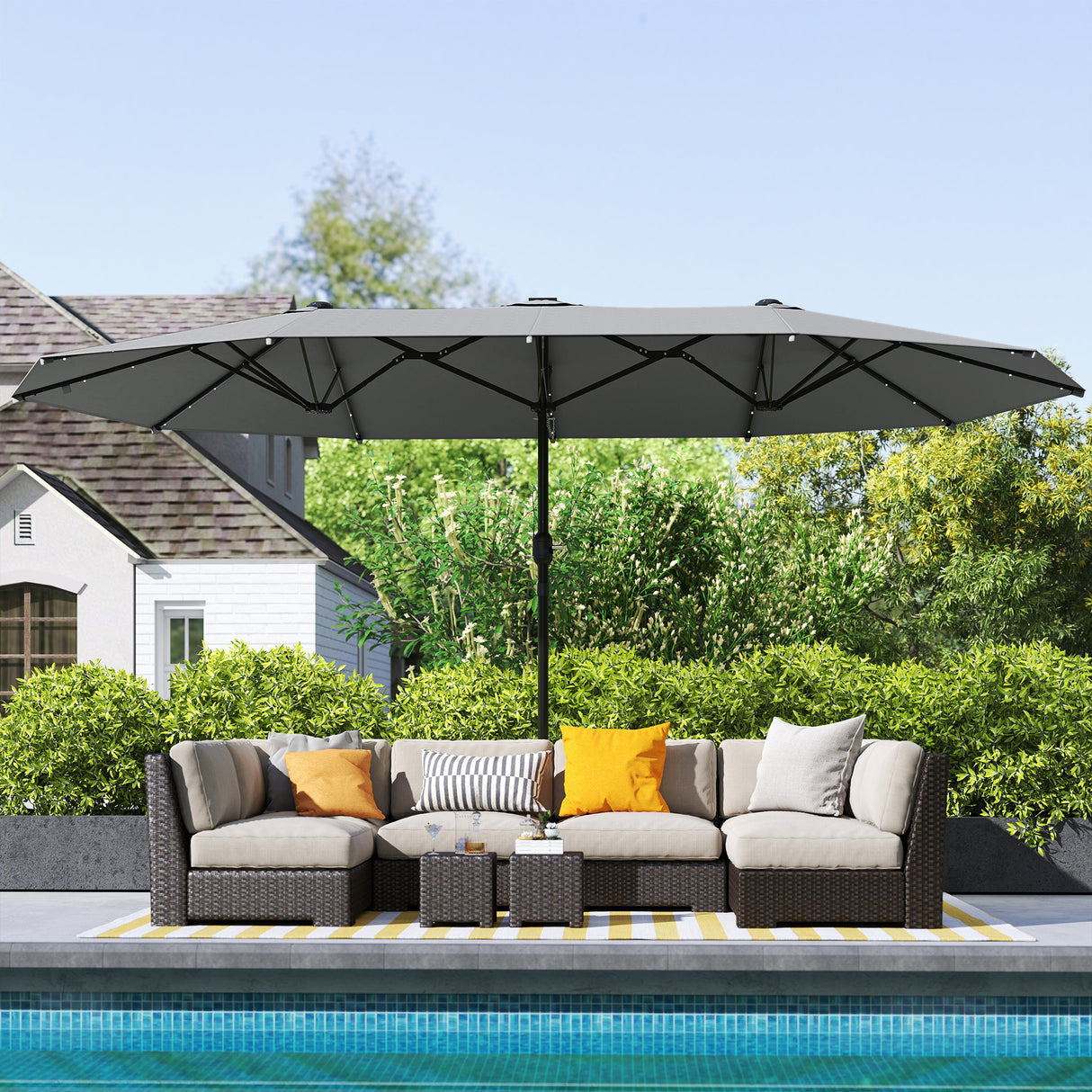 Polyester Double Sided Parasol Umbrella With LED Solar Light 440cm Width x 256cm Depth - Velmora