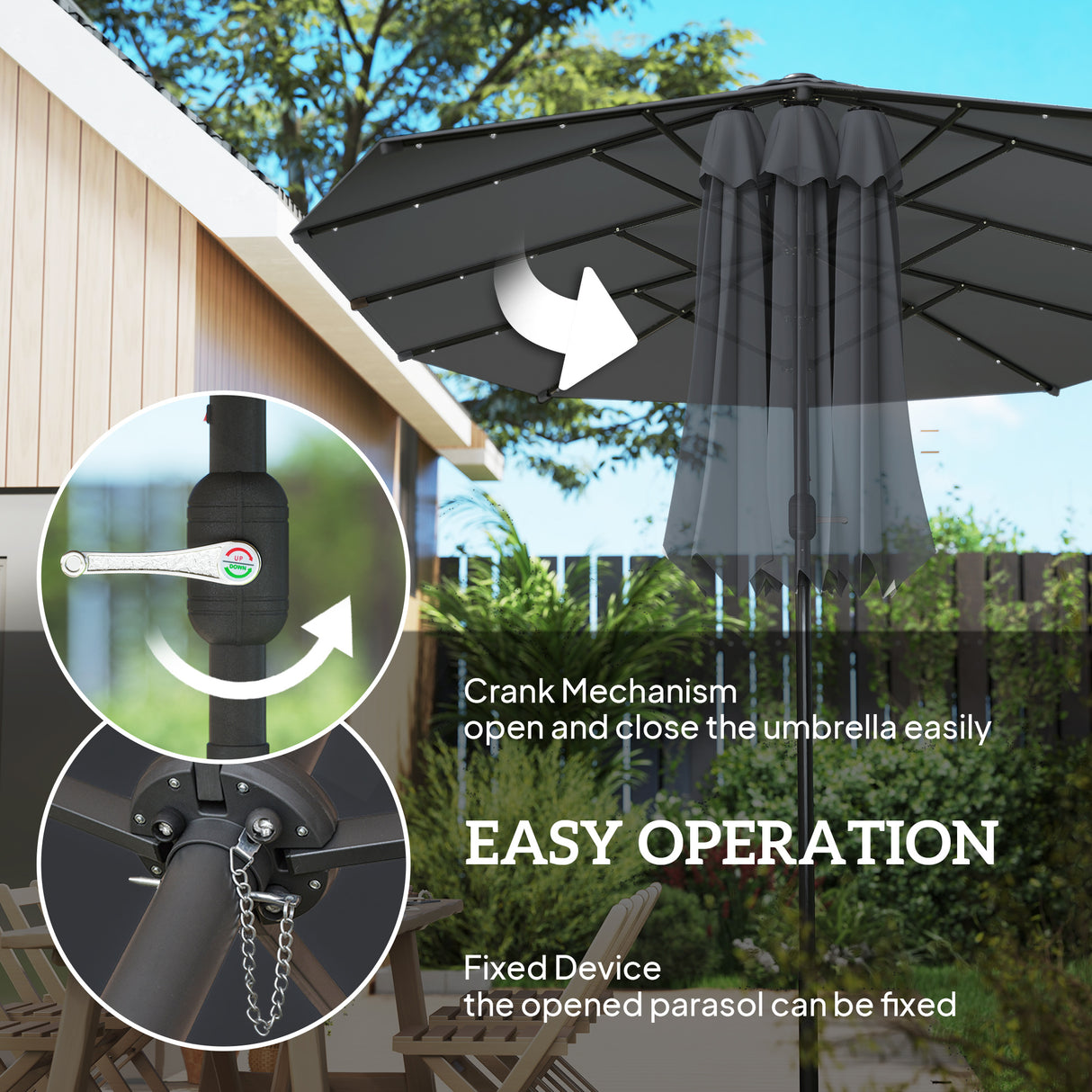 Polyester Double Sided Parasol Umbrella With LED Solar Light 440cm Width x 256cm Depth - Velmora