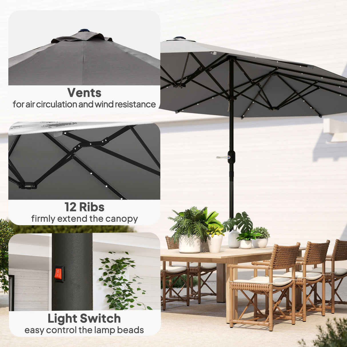 Polyester Double Sided Parasol Umbrella With LED Solar Light 440cm Width x 256cm Depth - Velmora
