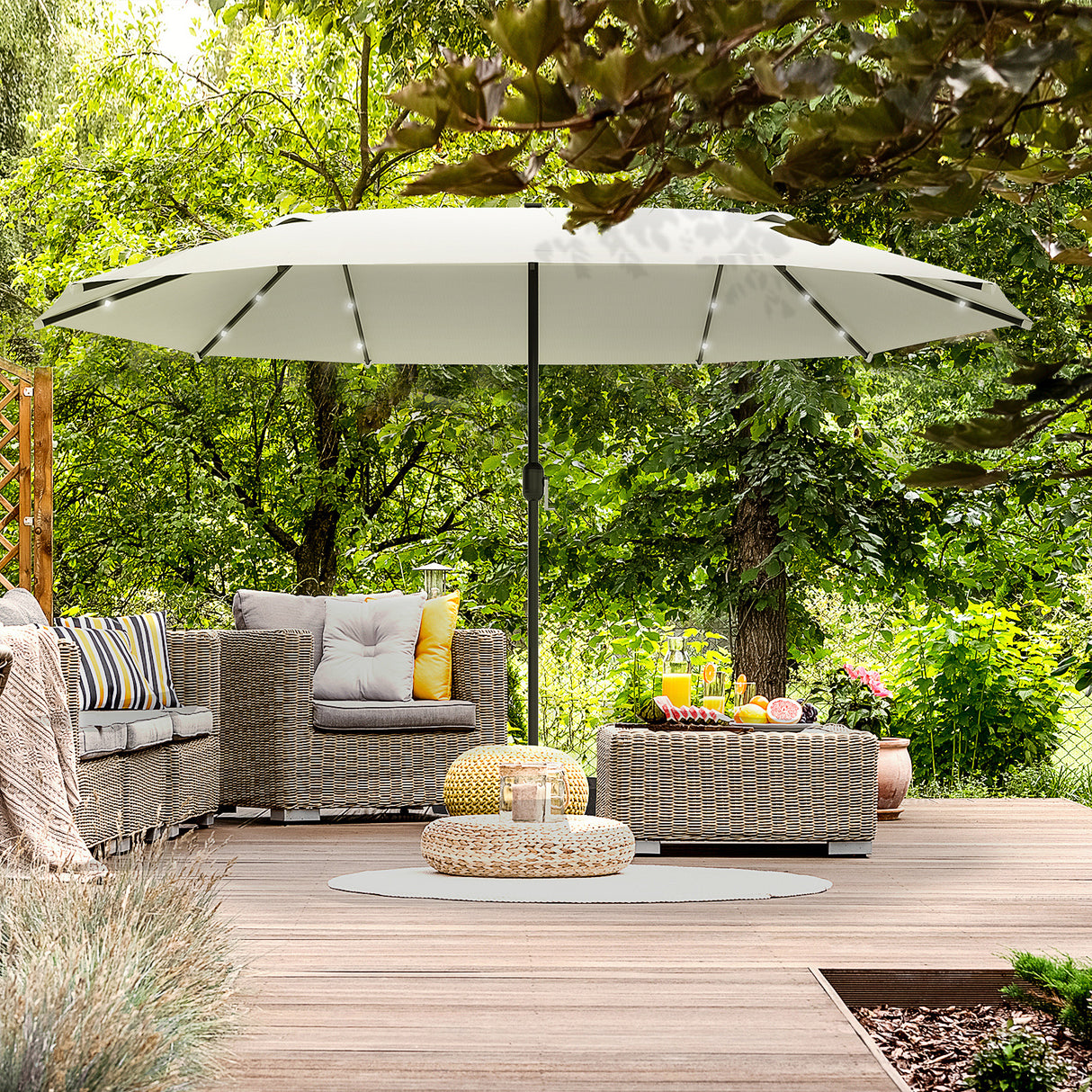 Polyester Double Sided Parasol Umbrella With LED Solar Light 440cm Width x 256cm Depth - Velmora