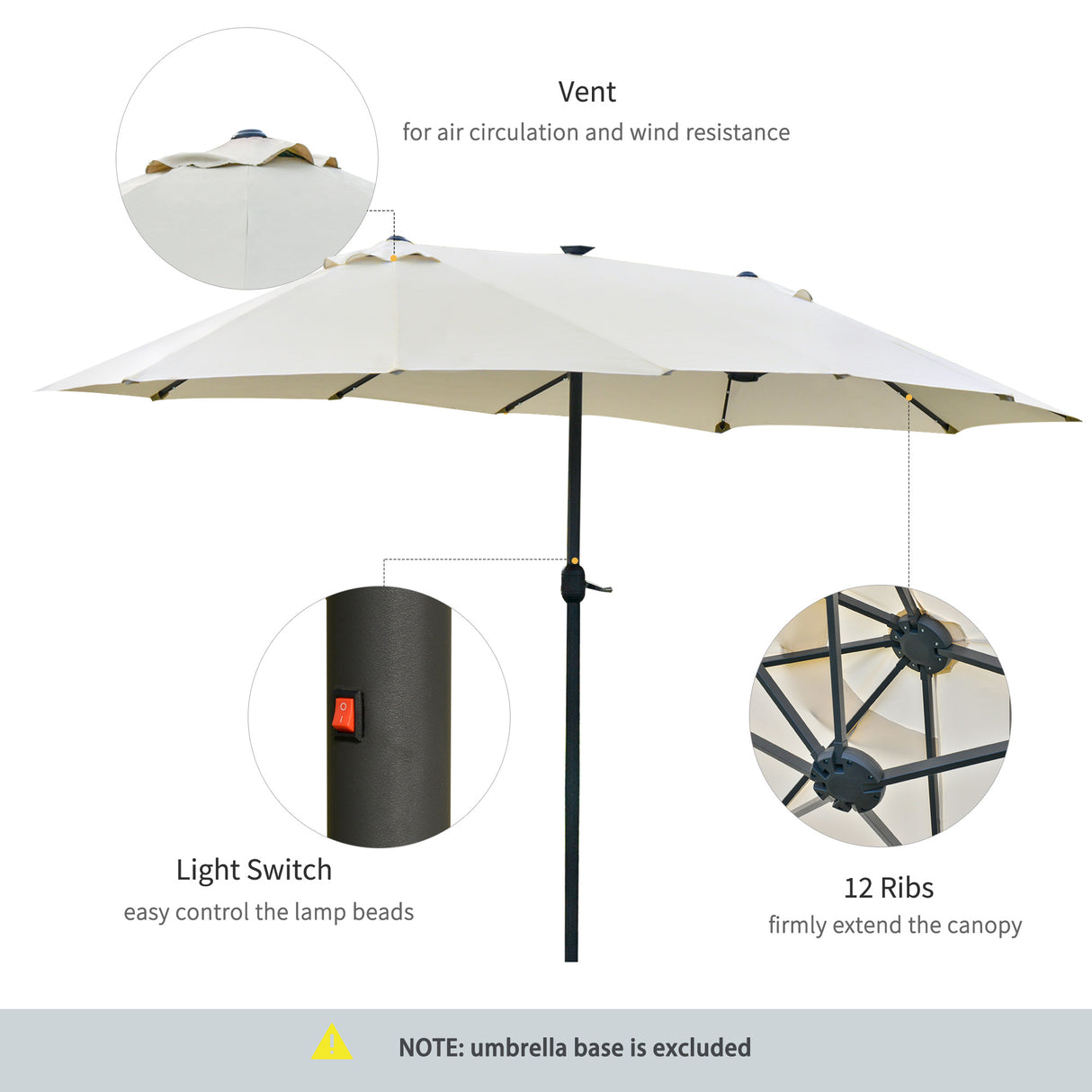 Polyester Double Sided Parasol Umbrella With LED Solar Light 440cm Width x 256cm Depth - Velmora