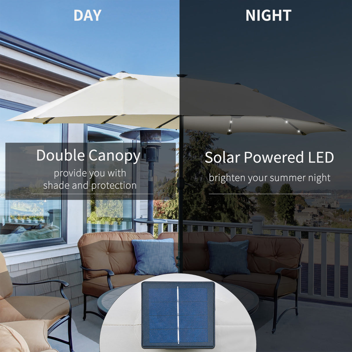 Polyester Double Sided Parasol Umbrella With LED Solar Light 440cm Width x 256cm Depth - Velmora