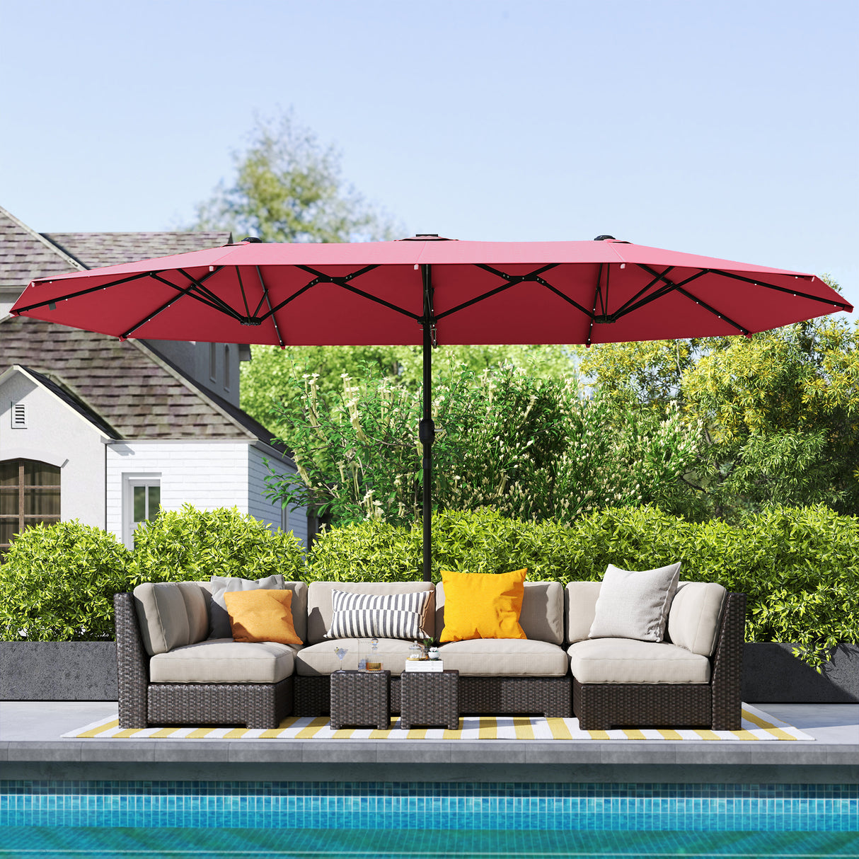 Polyester Double Sided Parasol Umbrella With LED Solar Light 440cm Width x 256cm Depth - Velmora