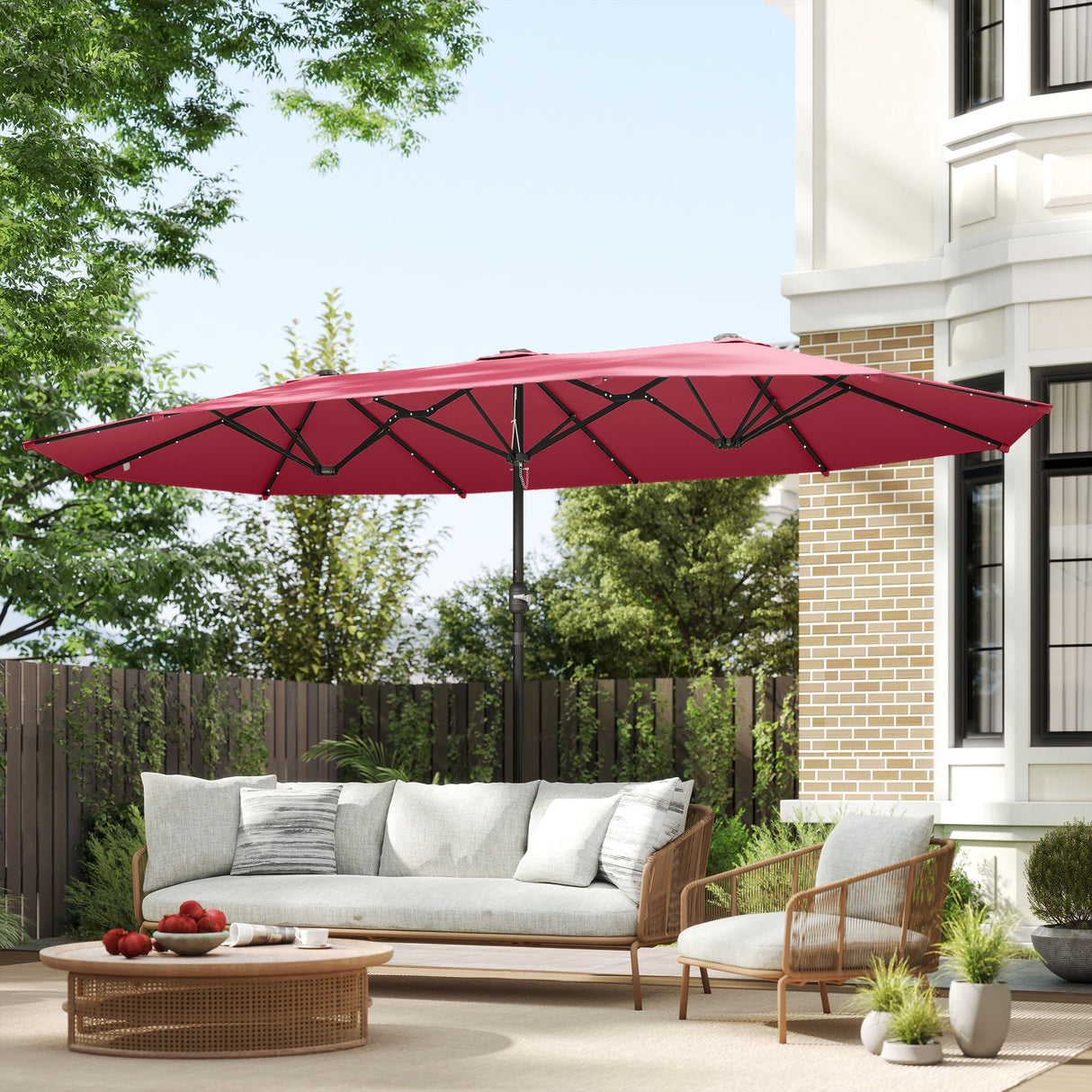 Polyester Double Sided Parasol Umbrella With LED Solar Light 440cm Width x 256cm Depth - Velmora