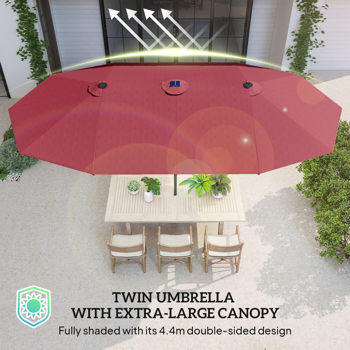 Polyester Double Sided Parasol Umbrella With LED Solar Light 440cm Width x 256cm Depth - Velmora