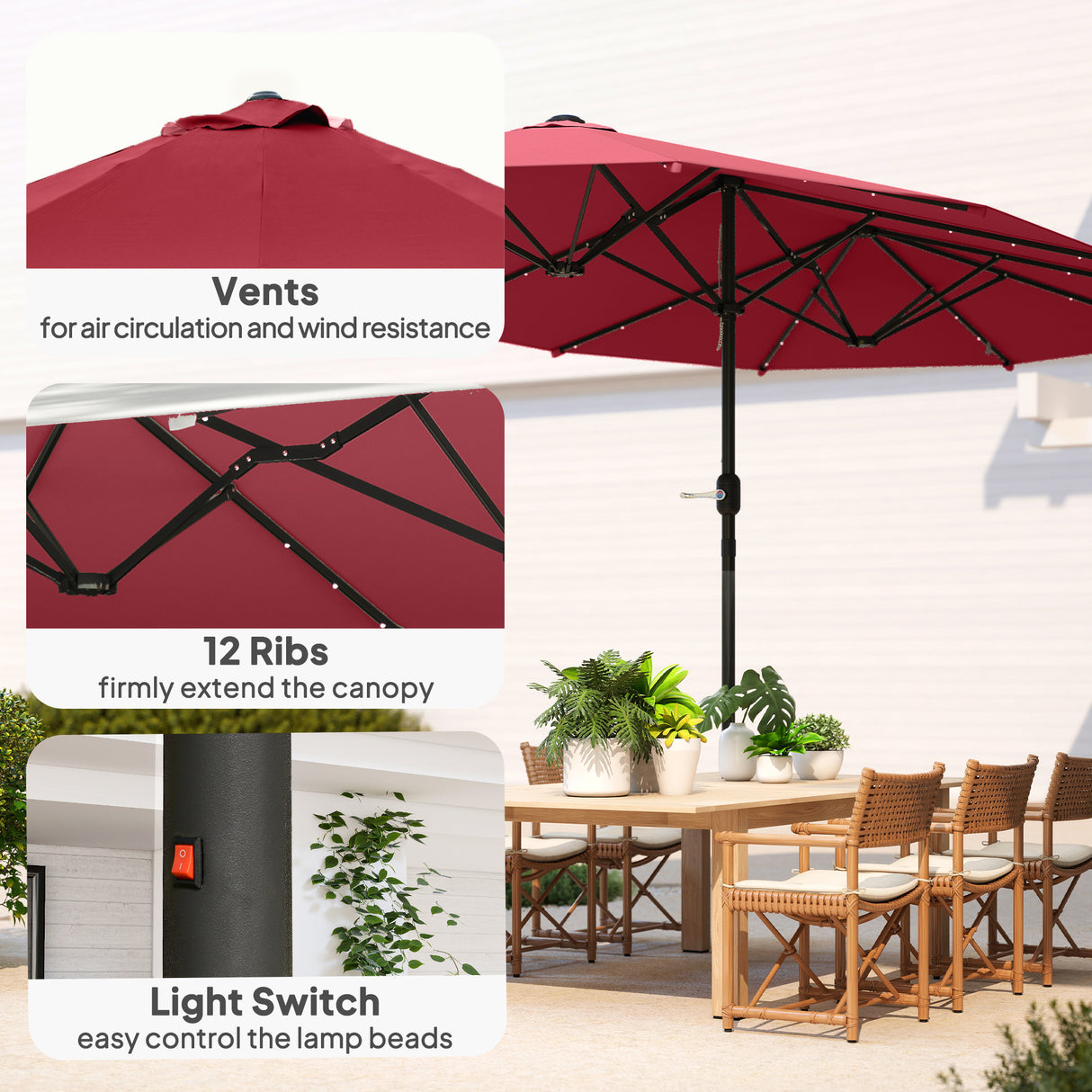 Polyester Double Sided Parasol Umbrella With LED Solar Light 440cm Width x 256cm Depth - Velmora