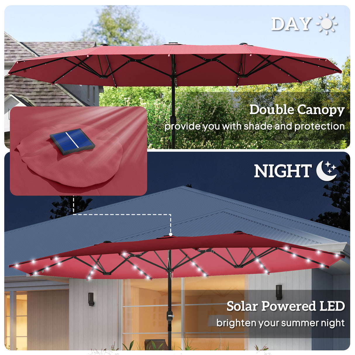 Polyester Double Sided Parasol Umbrella With LED Solar Light 440cm Width x 256cm Depth - Velmora
