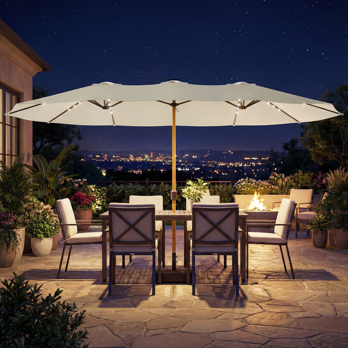 Polyester Double Sided Parasol Umbrella With LED Solar Light And Base 459cm Width x 266cm Depth - Velmora