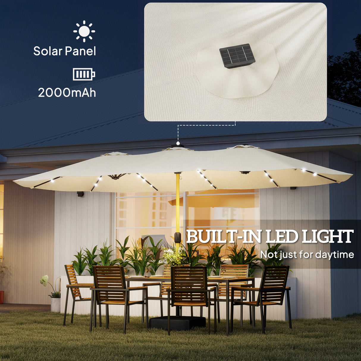 Polyester Double Sided Parasol Umbrella With LED Solar Light And Base 459cm Width x 266cm Depth - Velmora